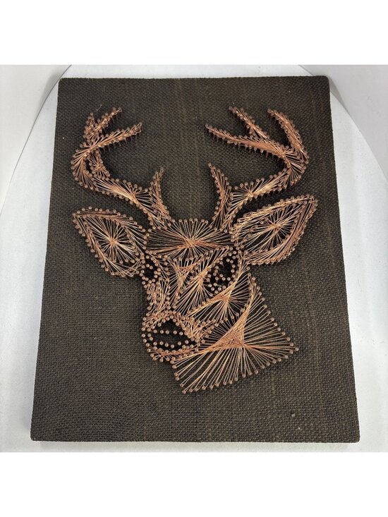 Other - Vintage Deer Stag Buck Head Art Copper Wire Nail Art Canvas Wood Mounted 14x11”